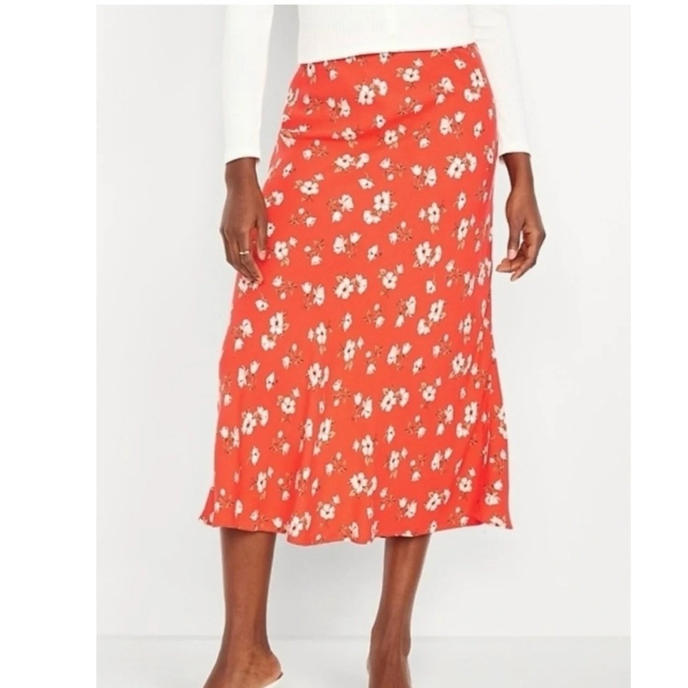 Old Navy Women Skirt Floral High‎ Waist Midi Red White Flower Plus Size 3X New